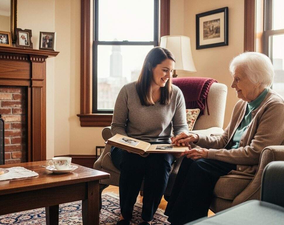 caregiver in stoneham helping a senior and reading books