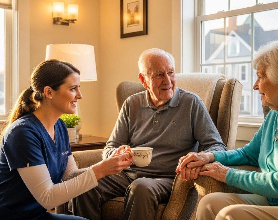A compassionate caregiver assists an elderly couple with both smiling gently. Subtle Winchester townscape elements are visible through a window