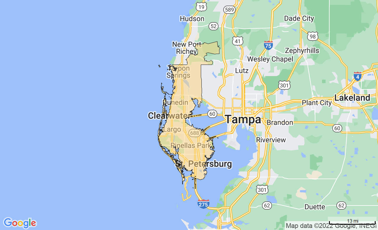 Map of the Pinellas and West Pasco Counties, FL area