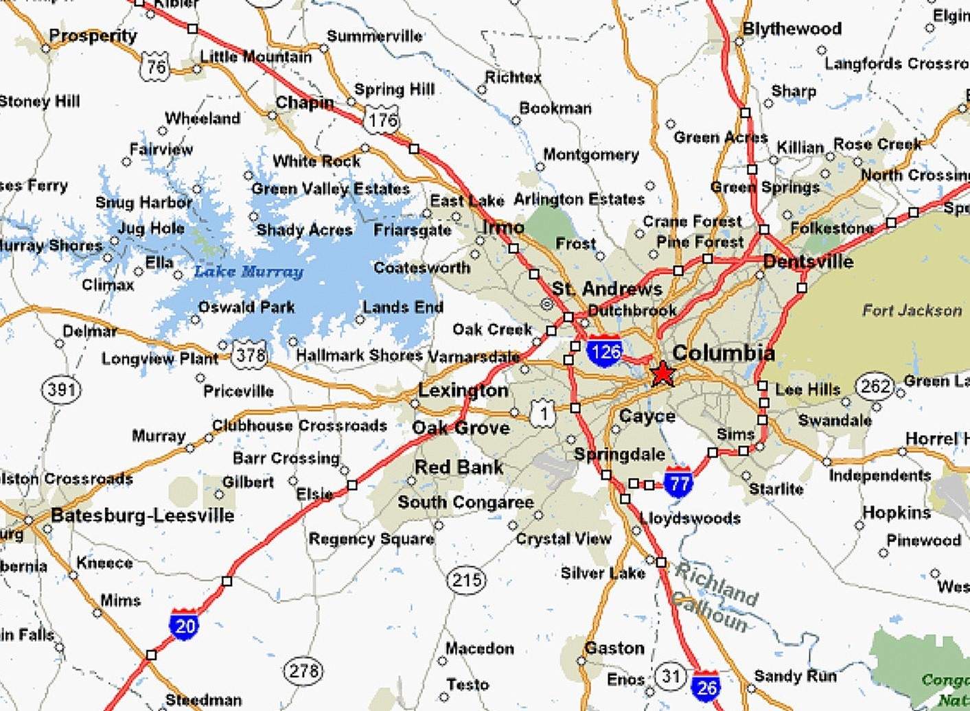 Map of the Columbia, SC area