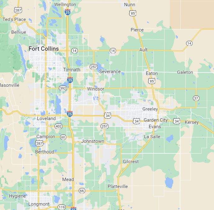 Map showing service area of Ft Collins and Greeley Territory
