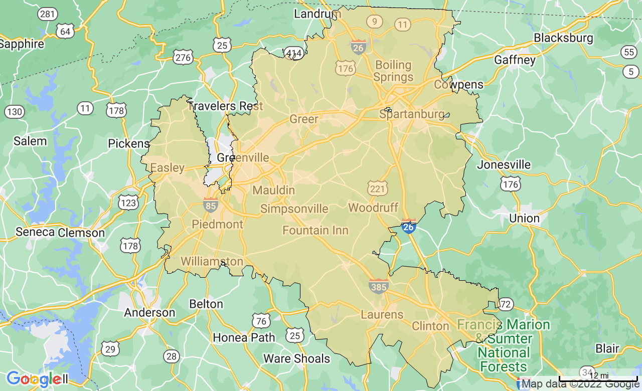 Map of the Greenville, SC area