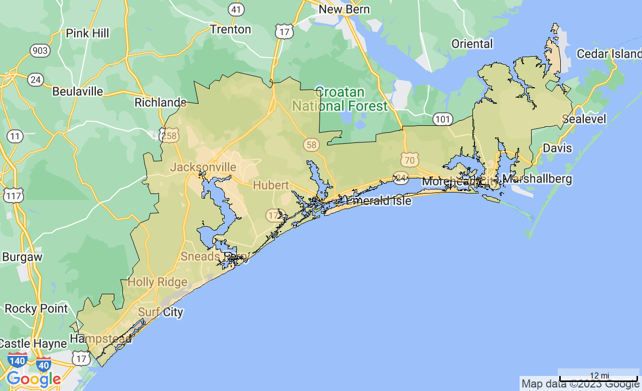 Map of the Jacksonville - Crystal Coast area