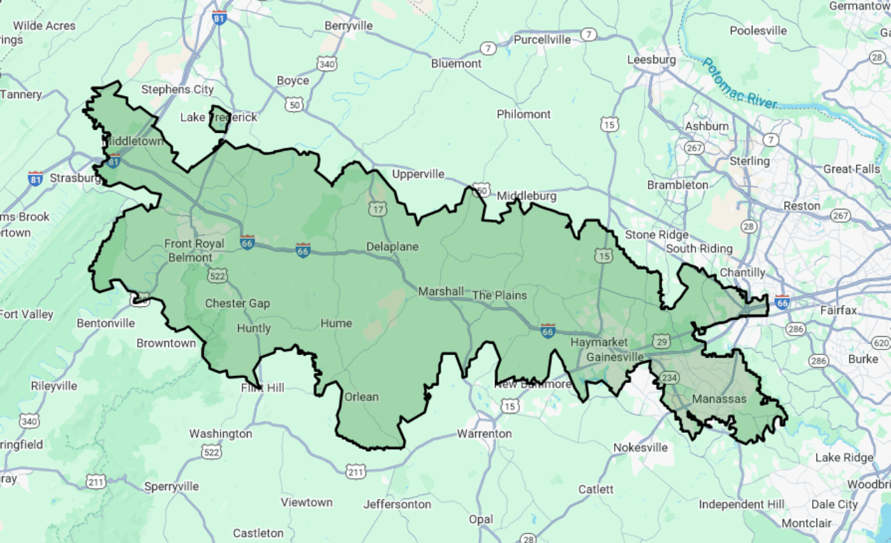 Map of FirstLight Home Care service area in Manassas, VA.