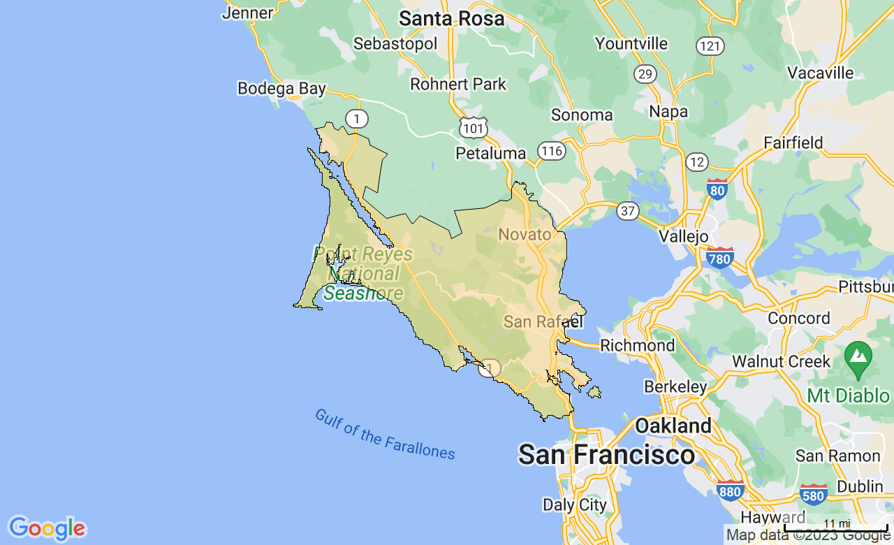 Map of the Marin County, CA area