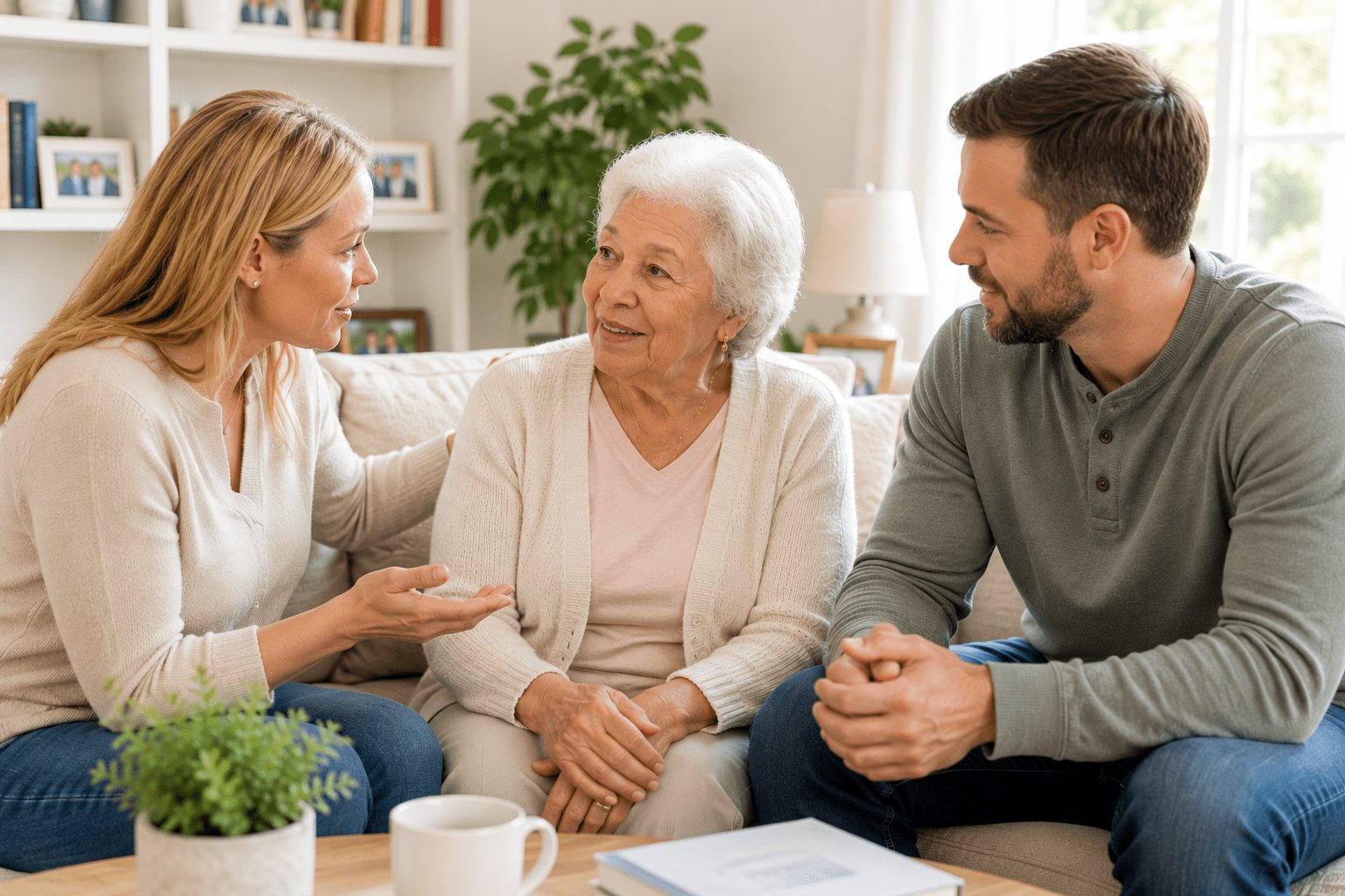 a woman, man and older woman sitting