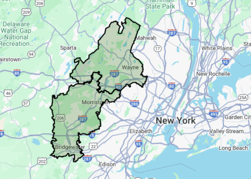 The service area for FirstLight Home Care of Morristown, including Basking Ridge, Morristown, Mendham and Randolph