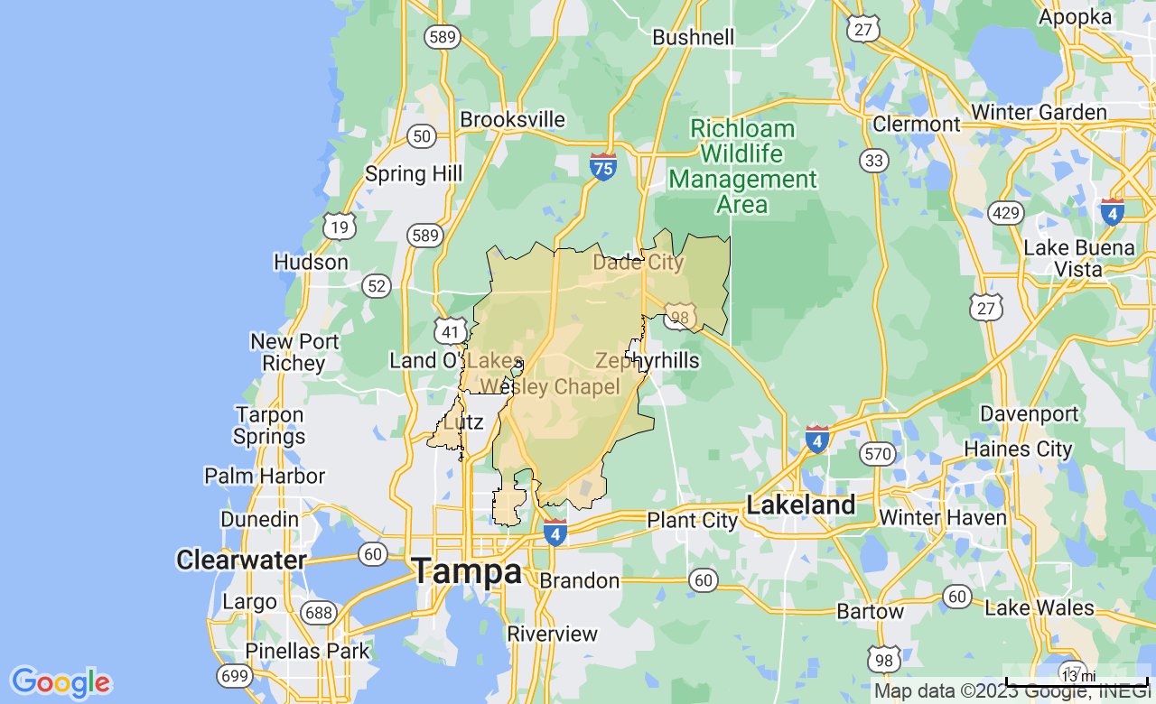 Map of the North Tampa and Pasco, FL area