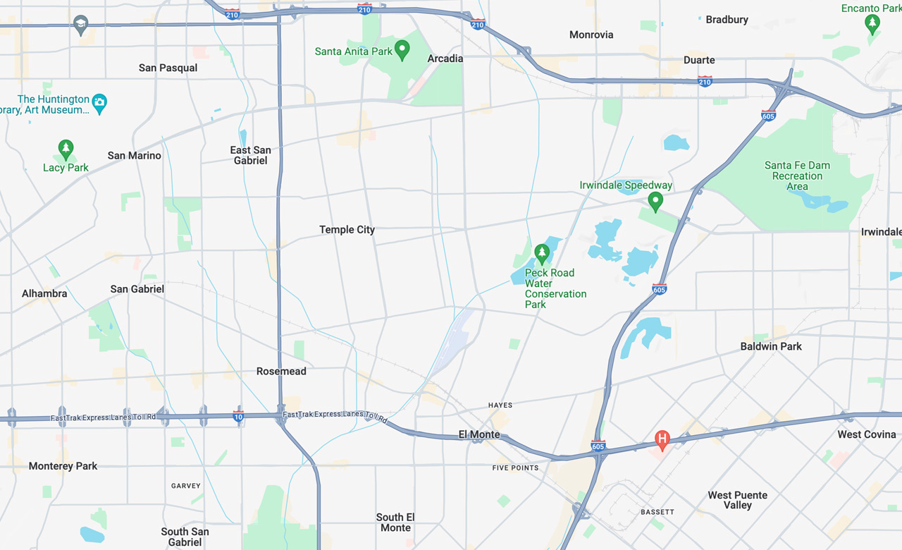 Map showing the San Gabriel Valley area of California, including Duarte, Monrovia, El Monte, Rosemead and Temple City