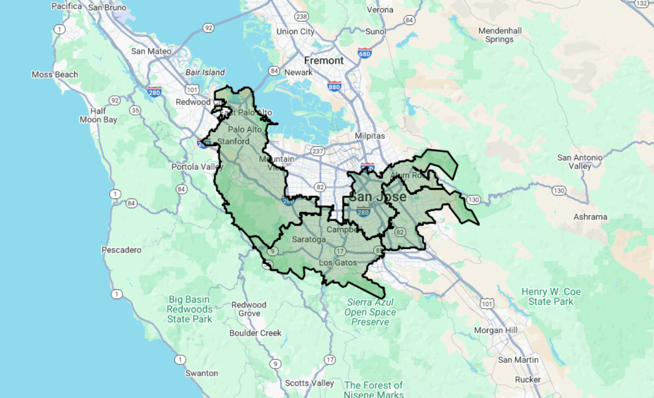 Map of the Silicon Valley, CA area
