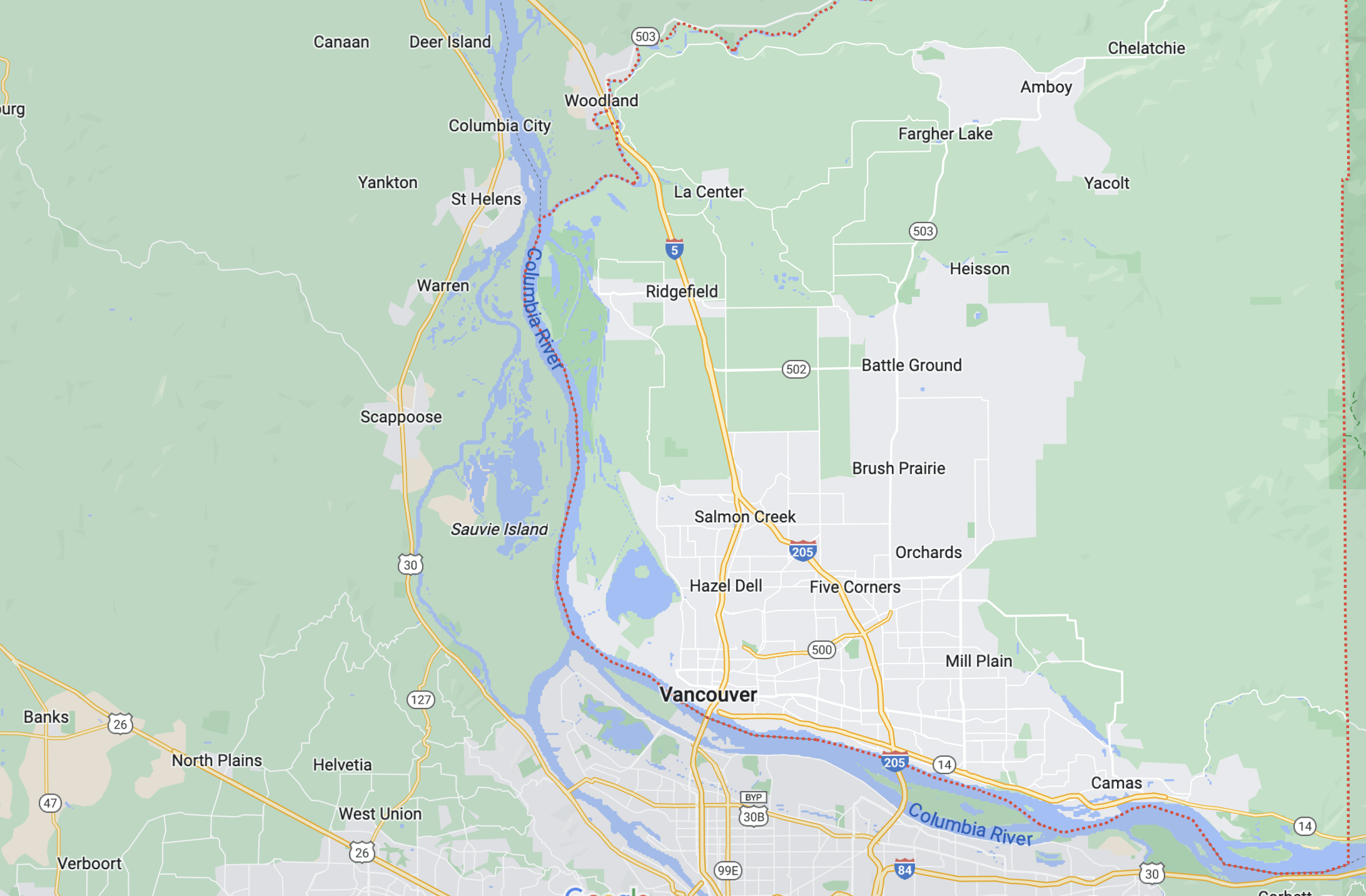 Map of the Vancouver, WA area