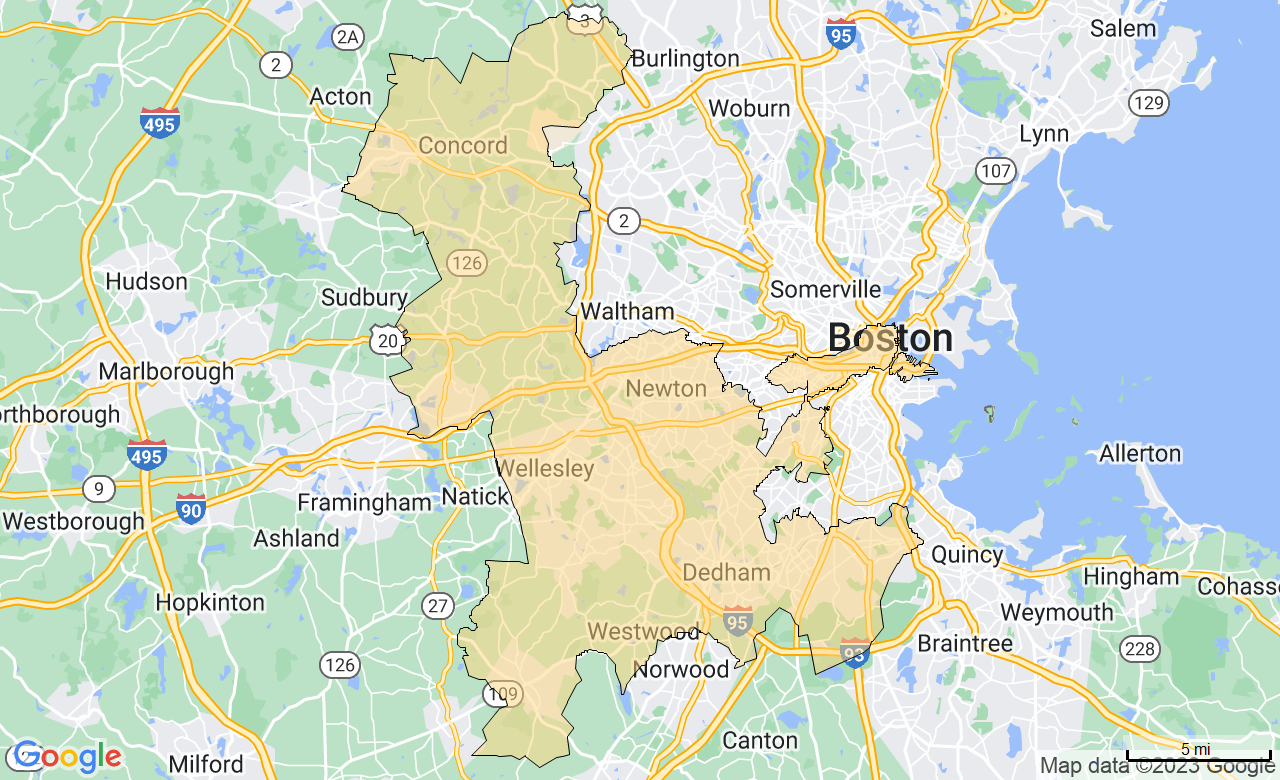 Map of the West Suburban Boston area
