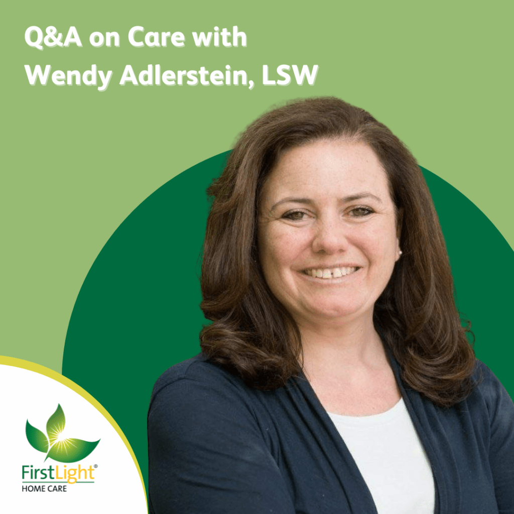 Photograph of Wendy Adlerstein, Executive Director at FirstLight Home Care and text asking "What kinds of services do you provide?"