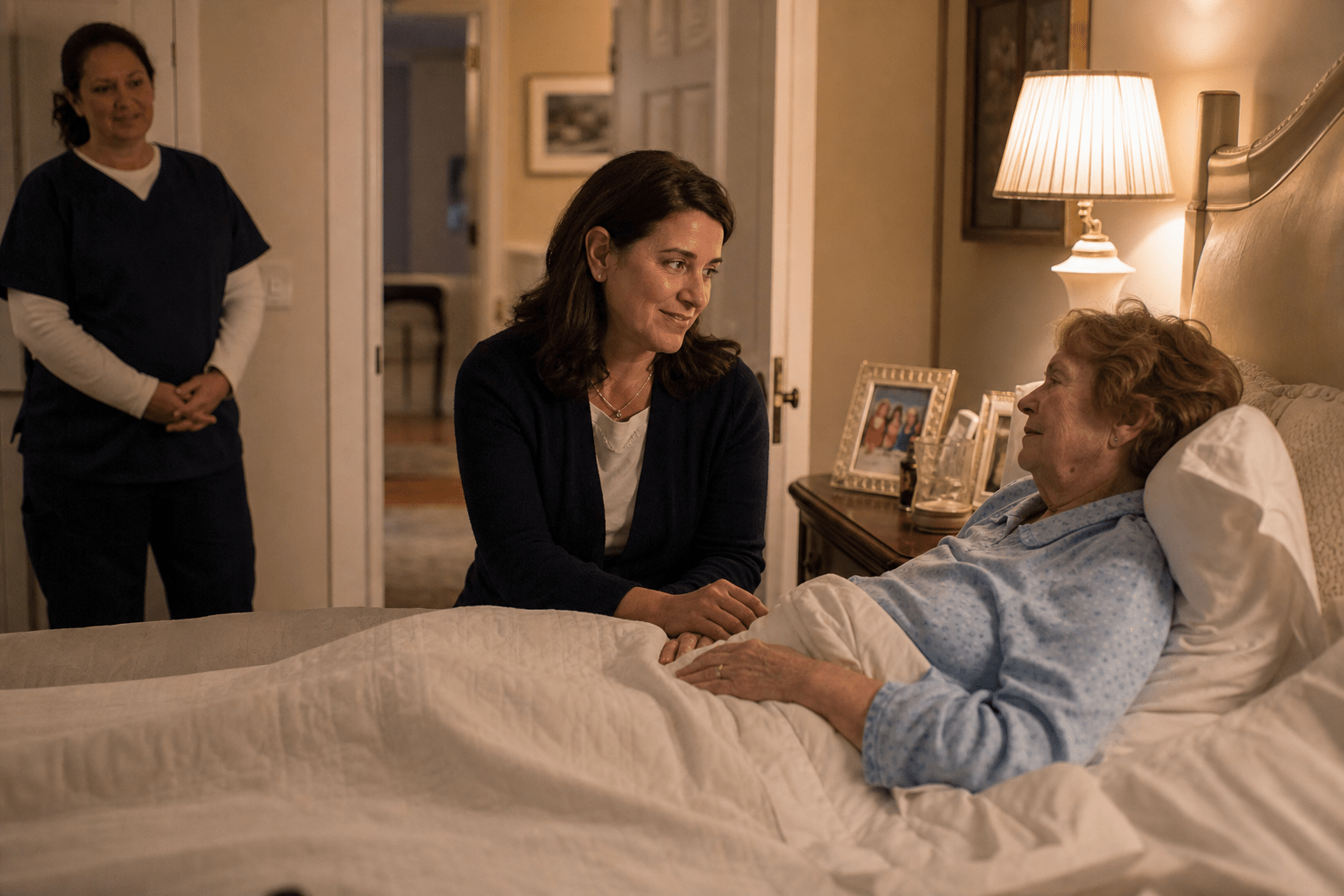 An adult daughter quietly checking in on her elderly mother at night in an upscale suburban Massachusetts home, warm bedside lamp lighting, professional caregiver nearby providing subtle overnight support.