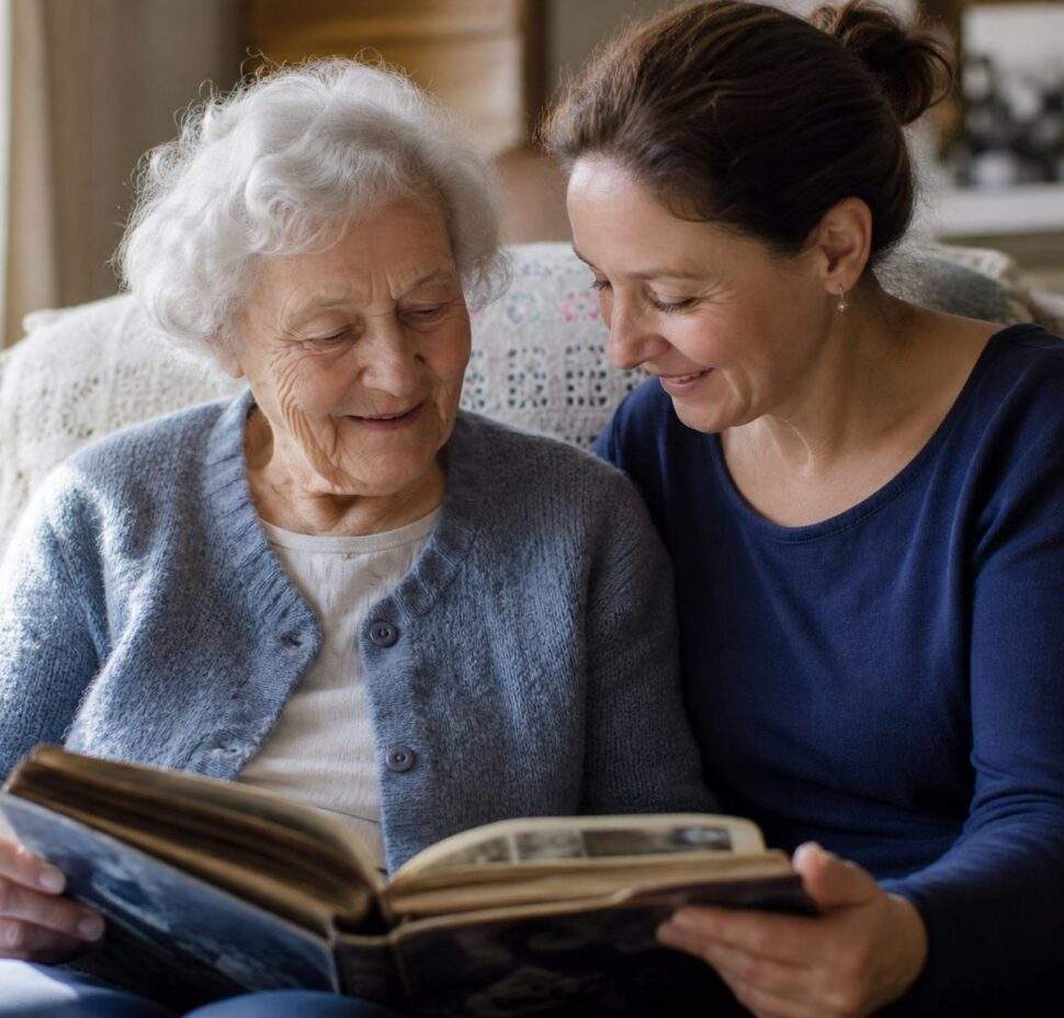 An elderly woman with curly white hair and a younger woman with dark hair tied back sit closely together on an armchair, smiling as they look through an open, vintage photo album held in their laps. The elderly woman wears a blue knit cardigan over a white shirt, and the younger woman wears a dark blue long-sleeve top. The background shows a cozy, warmly lit living room setting