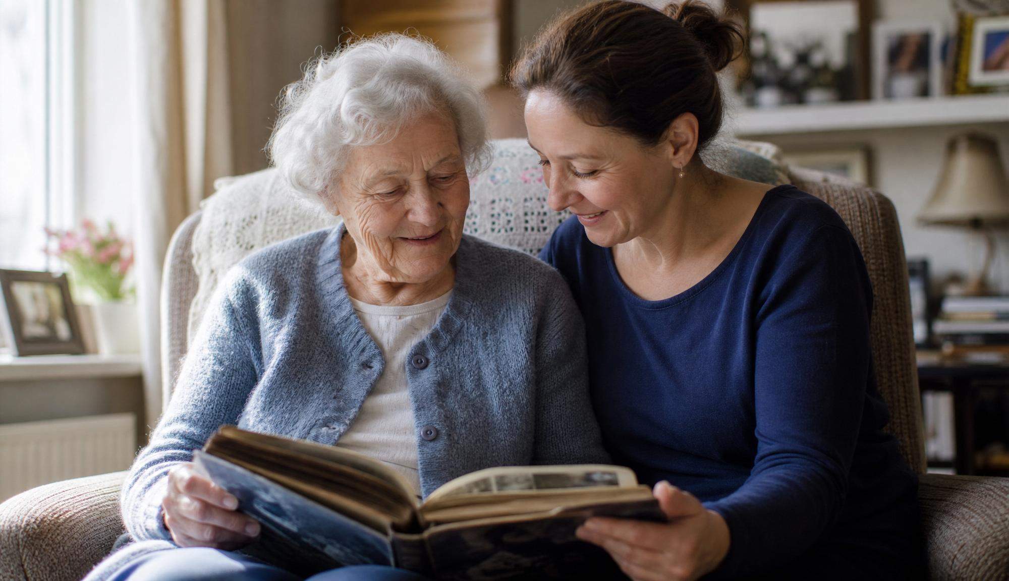 An elderly woman with curly white hair and a younger woman with dark hair tied back sit closely together on an armchair, smiling as they look through an open, vintage photo album held in their laps. The elderly woman wears a blue knit cardigan over a white shirt, and the younger woman wears a dark blue long-sleeve top. The background shows a cozy, warmly lit living room setting