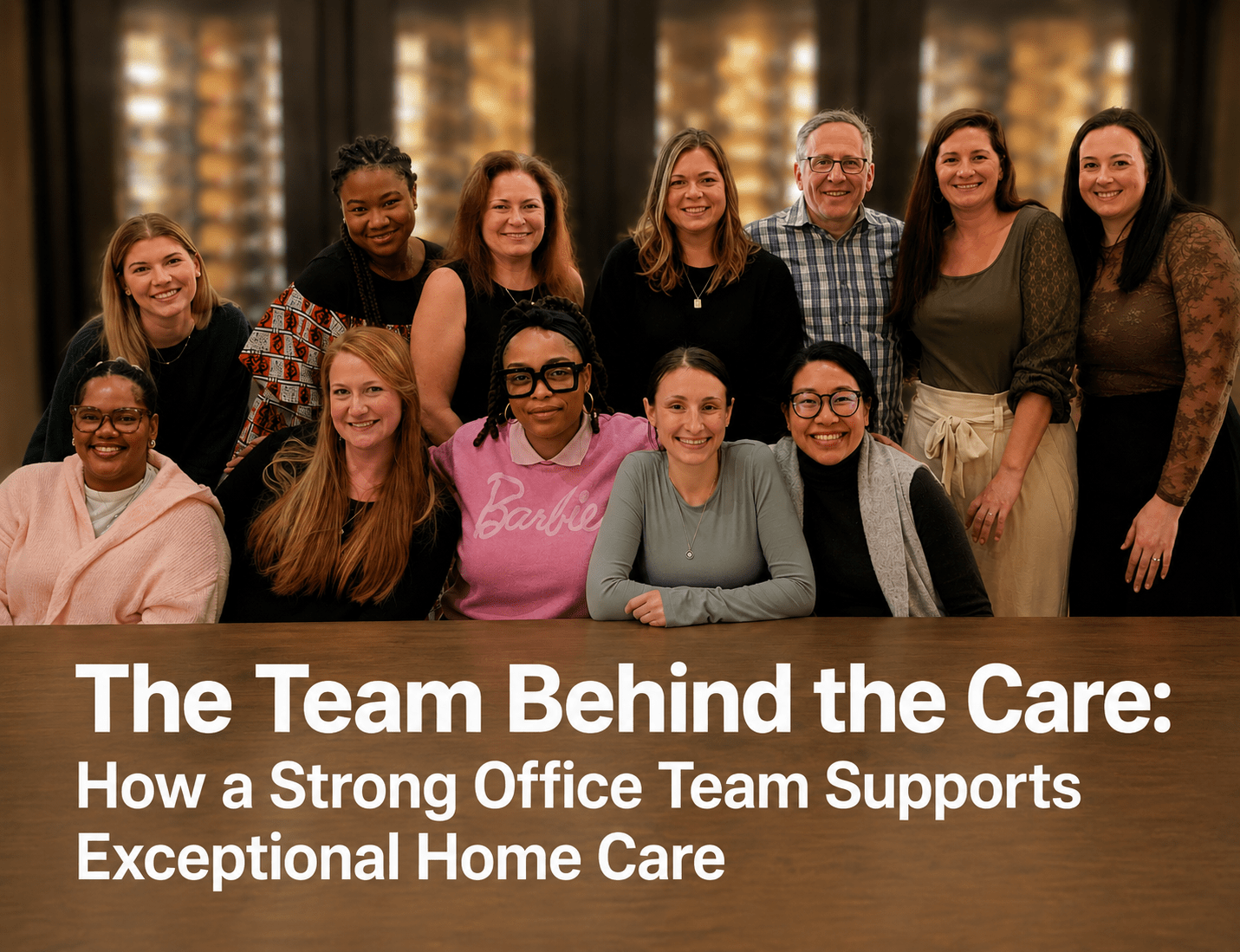 FirstLight Home Care Office Team Group Photo with Headline: The Team Behind the Care.