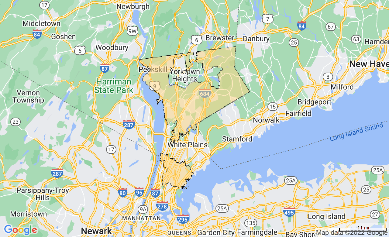 Map of the Westchester, NY area