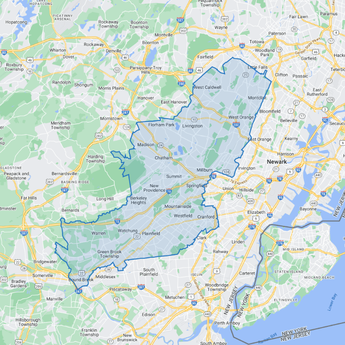 Map of the service are for FirstLight Home Care Western Essex County